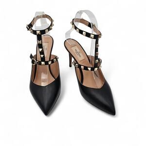 Valentino Garavani Rockstud Heel Pump Pointed Toe Black Leather Size 37.5 US 7.5